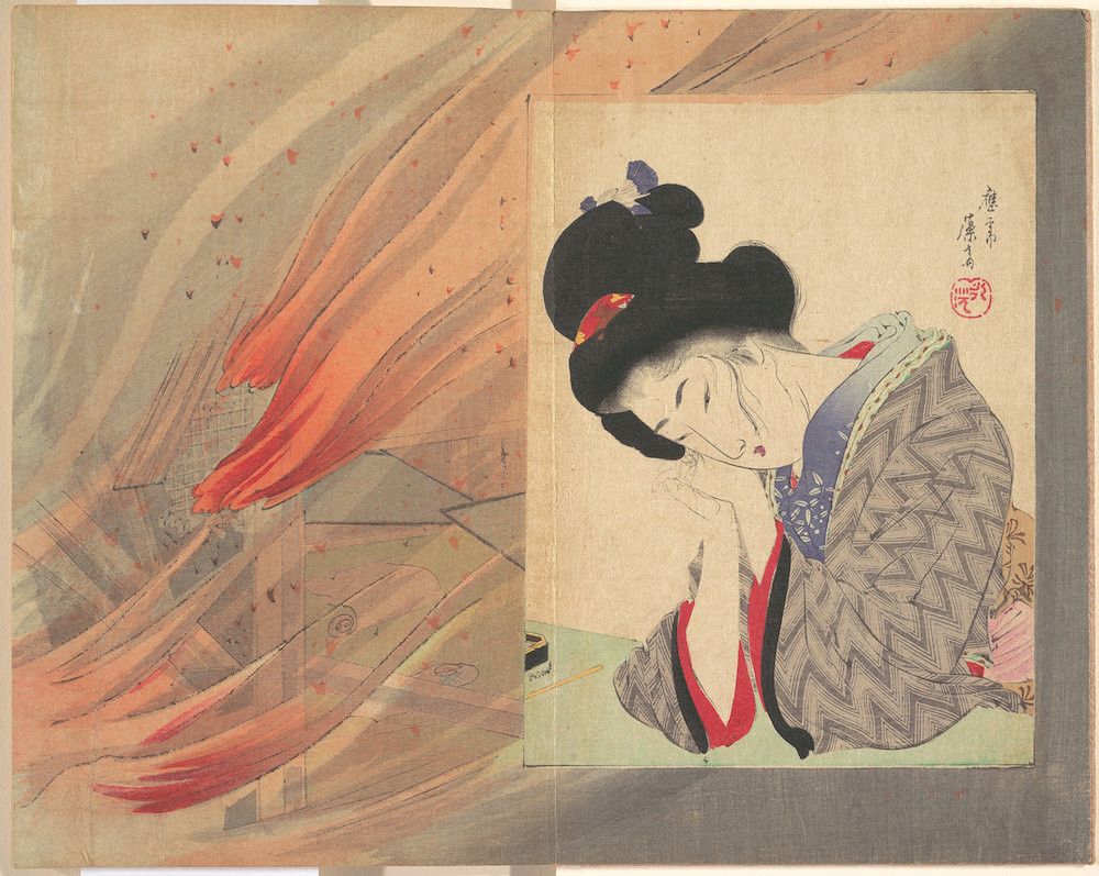 A Japanese woodblock print depicting a woman in traditional attire, set against a backdrop of a burning building.