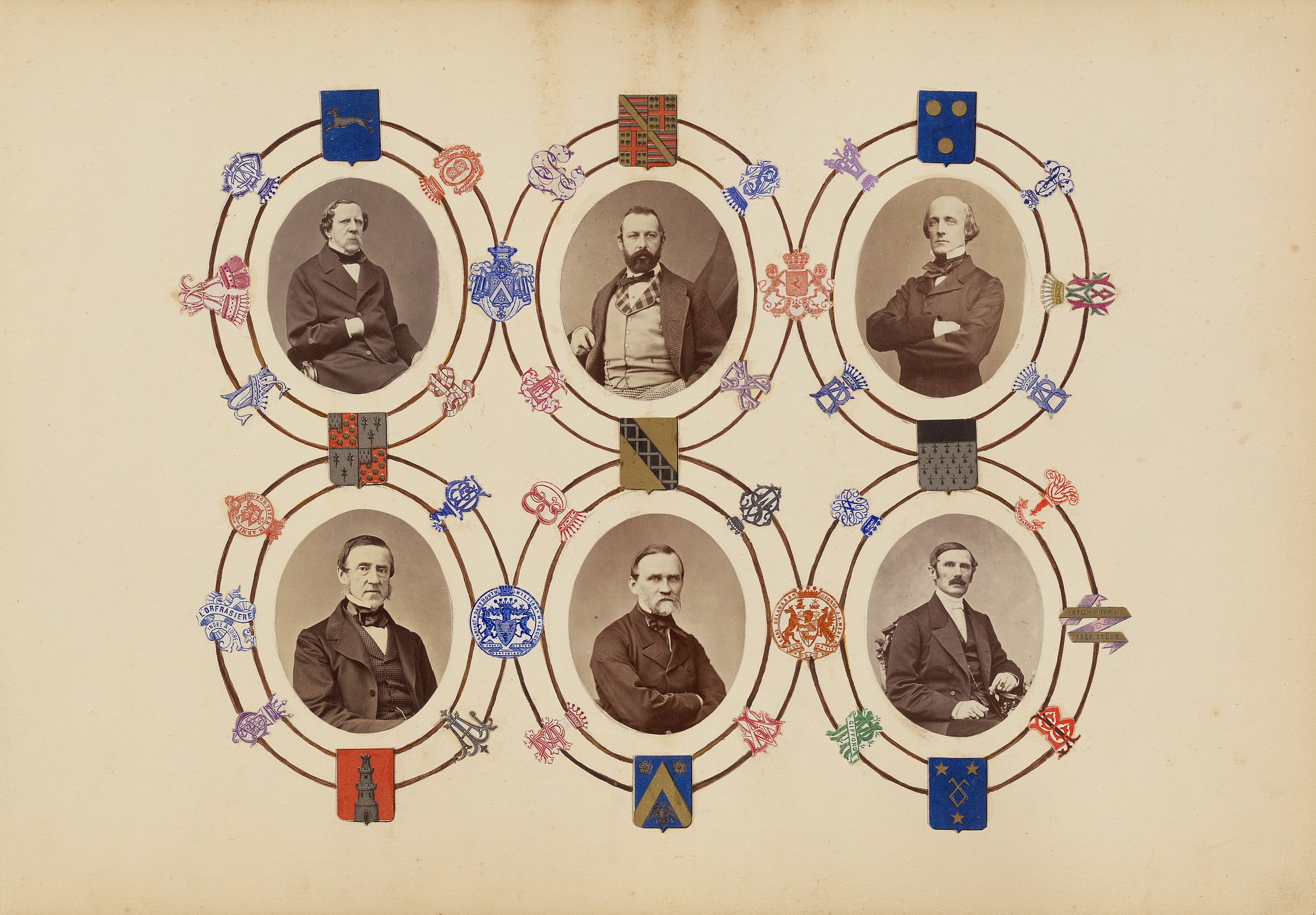 A vintage photograph depicting a circular arrangement of nine oval portraits of men, each connected to a colorful coat of arms. The image has a sepia tone and an ornate design, suggesting it is a historical or genealogical document.