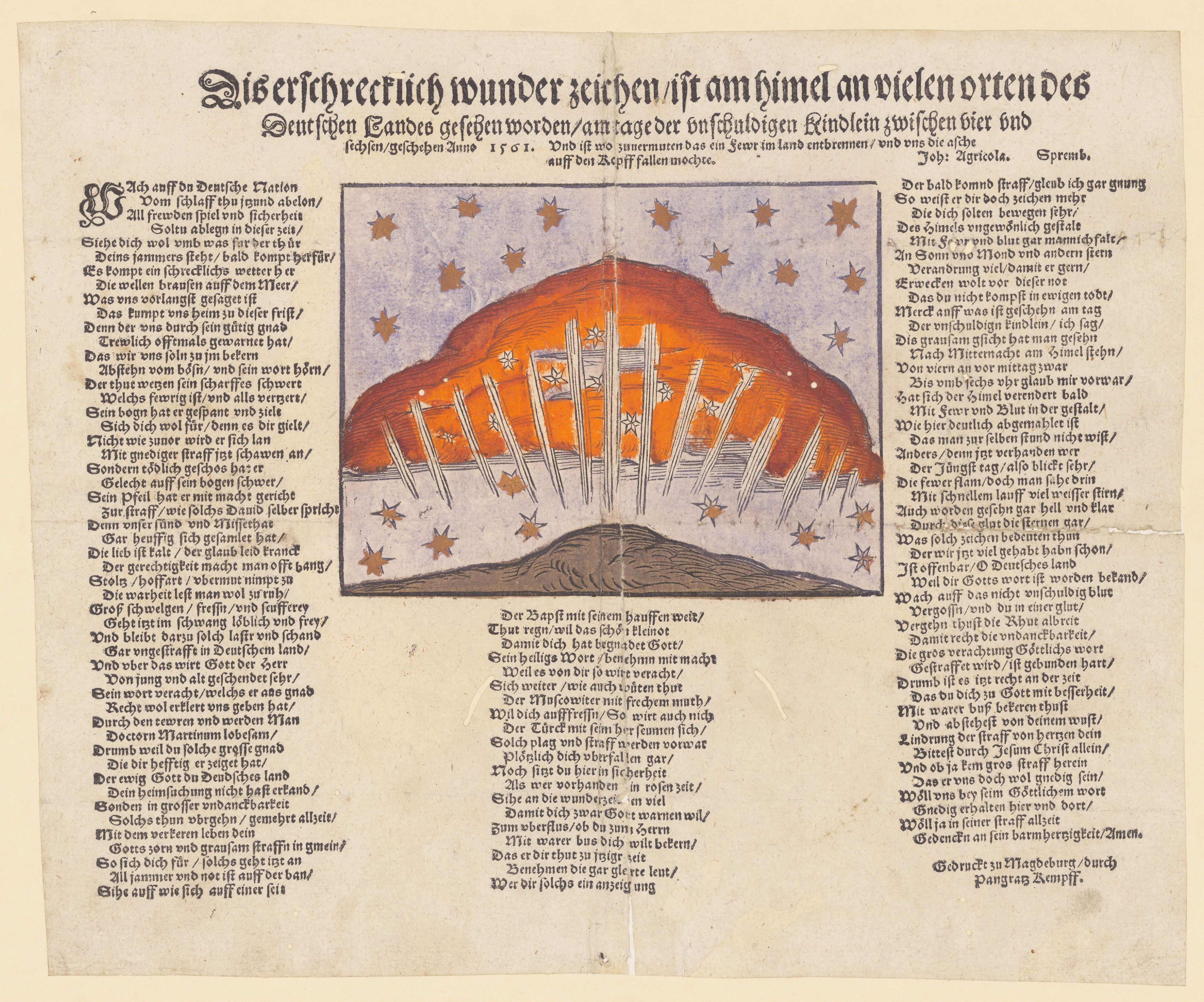 A scan of an old, historical document with dense German text surrounding a detailed woodcut illustration of a dramatic celestial event over a landscape.