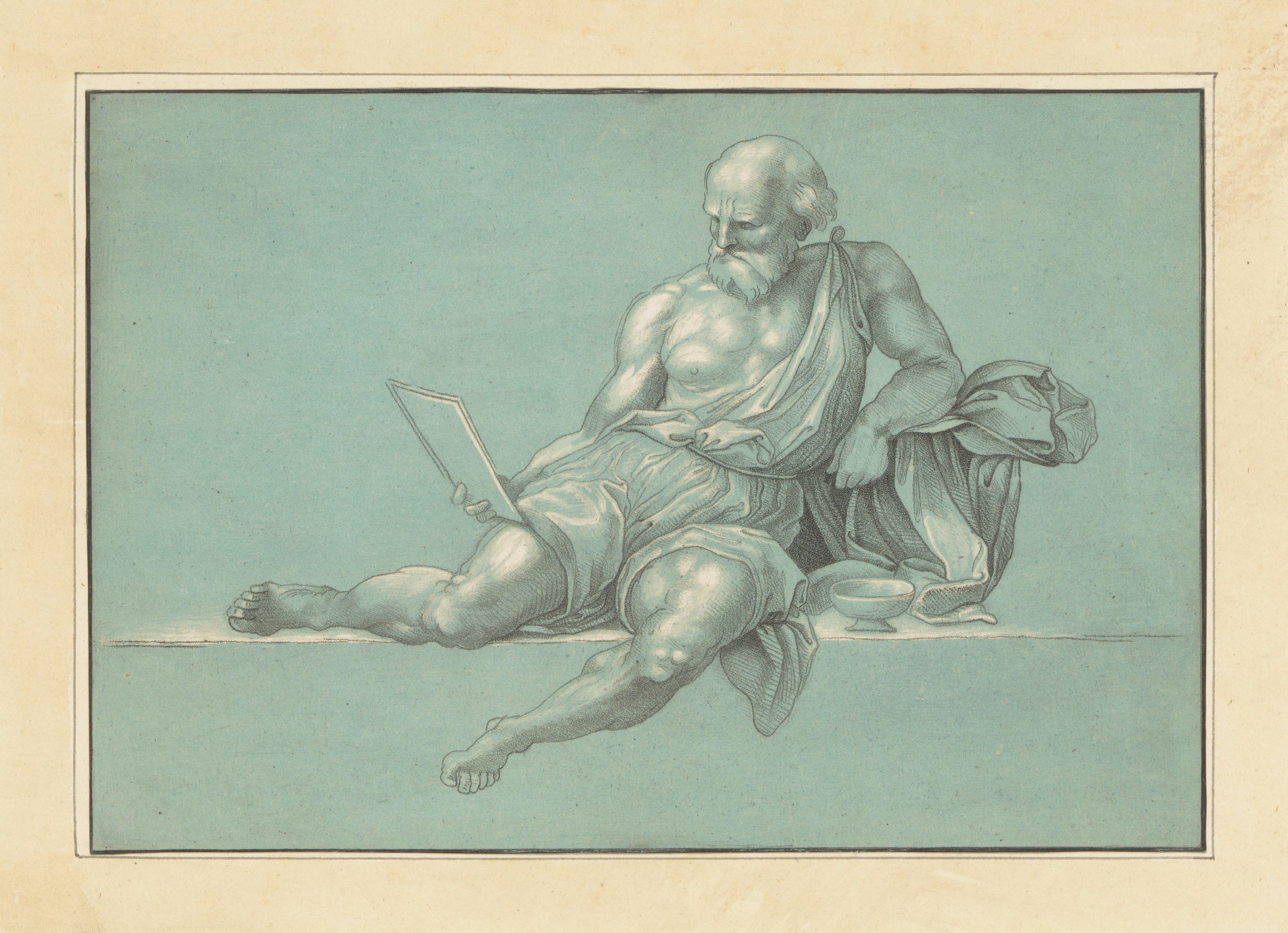 A drawing of an elderly man reclining on a low surface, holding a tablet and appearing to read or write.