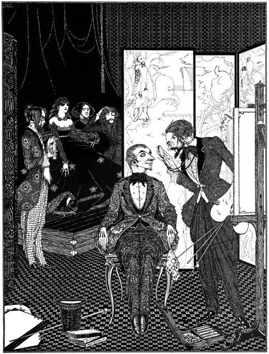 A black and white illustration of a man seated in a chair while a tall figure whispers in his ear. A group of people are gathered in the background, and a window provides a view of a landscape.