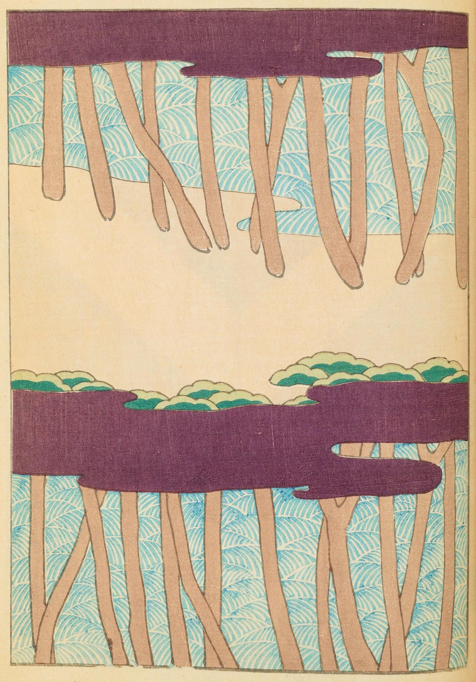 A woodblock print depicting a serene landscape with tree trunks descending from a cliff into water.