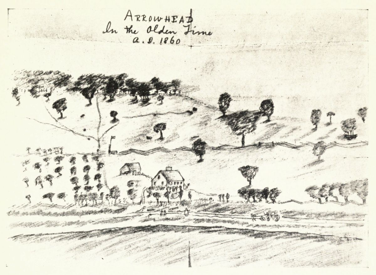 Black and white sketch of a rural landscape with hills, trees, buildings, and a field, dated 1860.