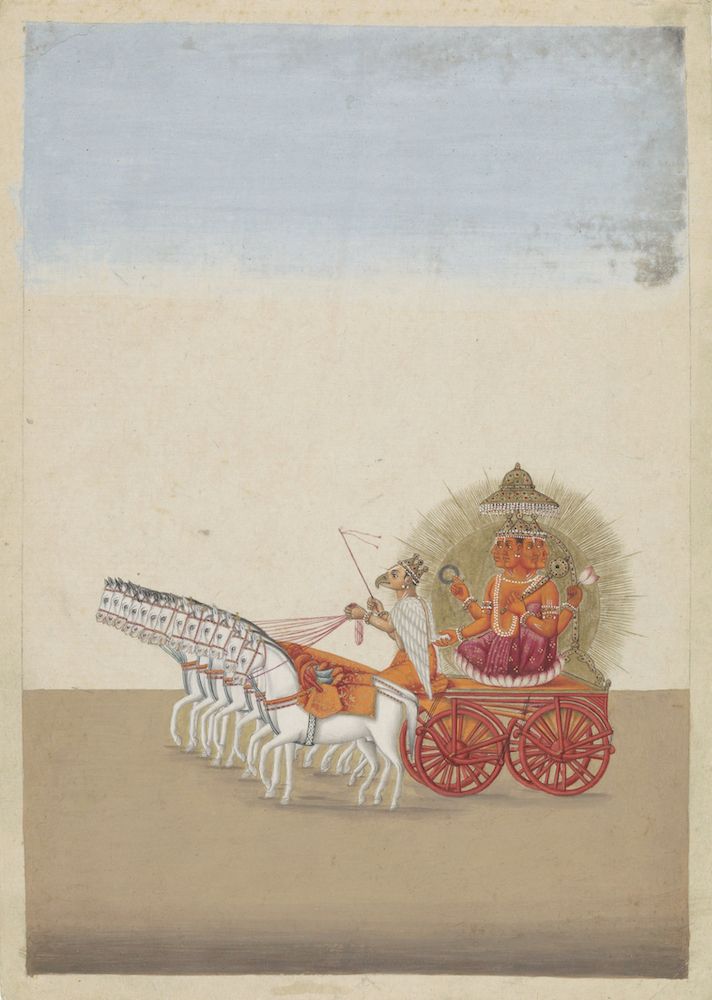 A painting of a red chariot pulled by seven white horses, carrying a red-skinned deity with a golden halo. A driver in white controls the horses.