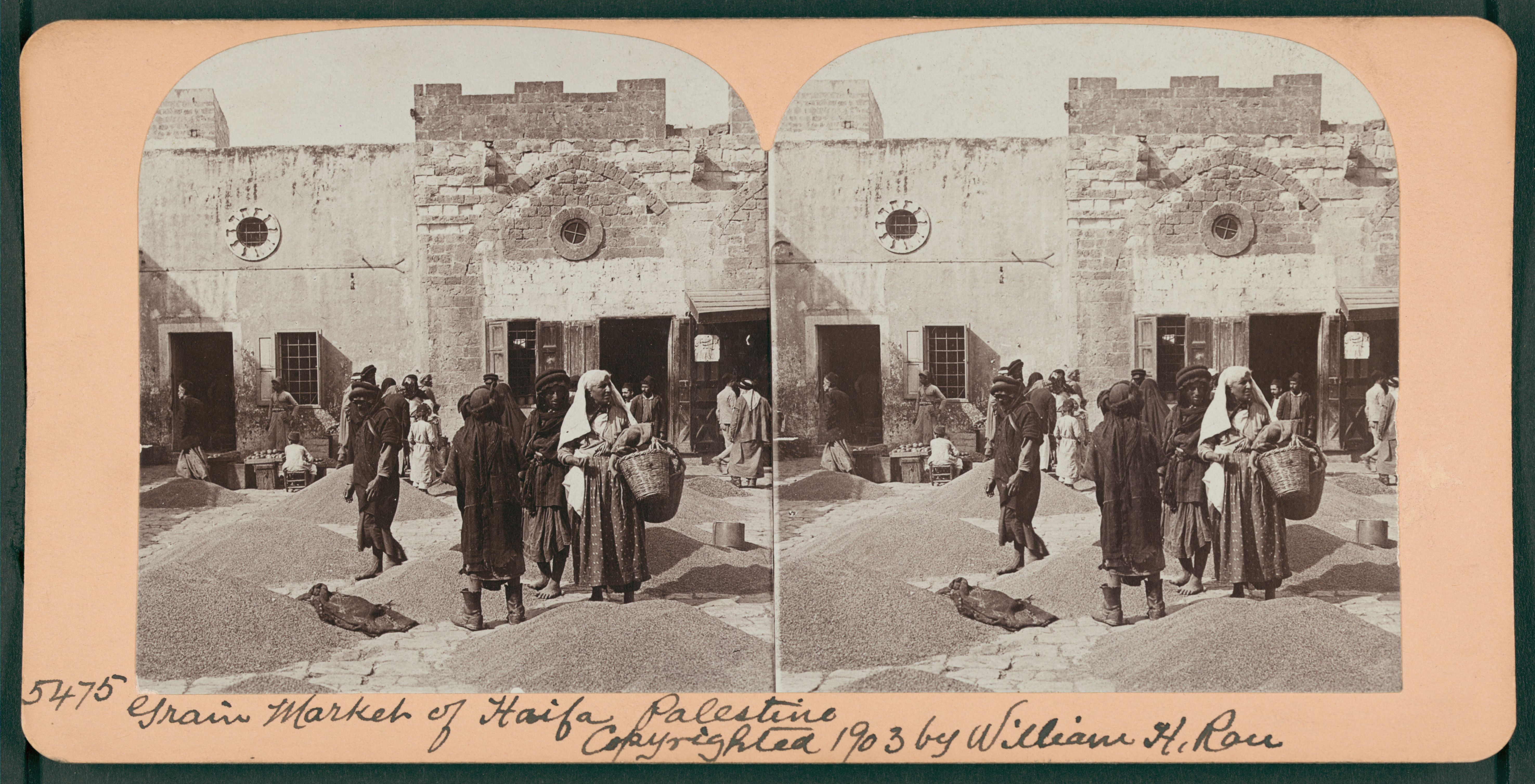 Stereoscopic photograph of the Grain Market of Haifa, Palestine, 1930.
