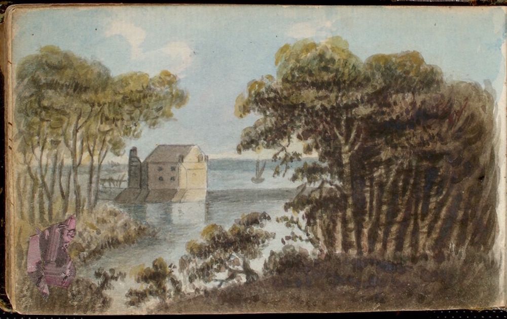 Watercolor painting of a mill on a body of water, framed by trees and vegetation.