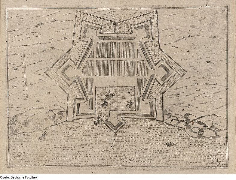 Vintage sepia-toned drawing of a star-shaped fort surrounded by water, with buildings inside and a landscape of trees and rough terrain around it.