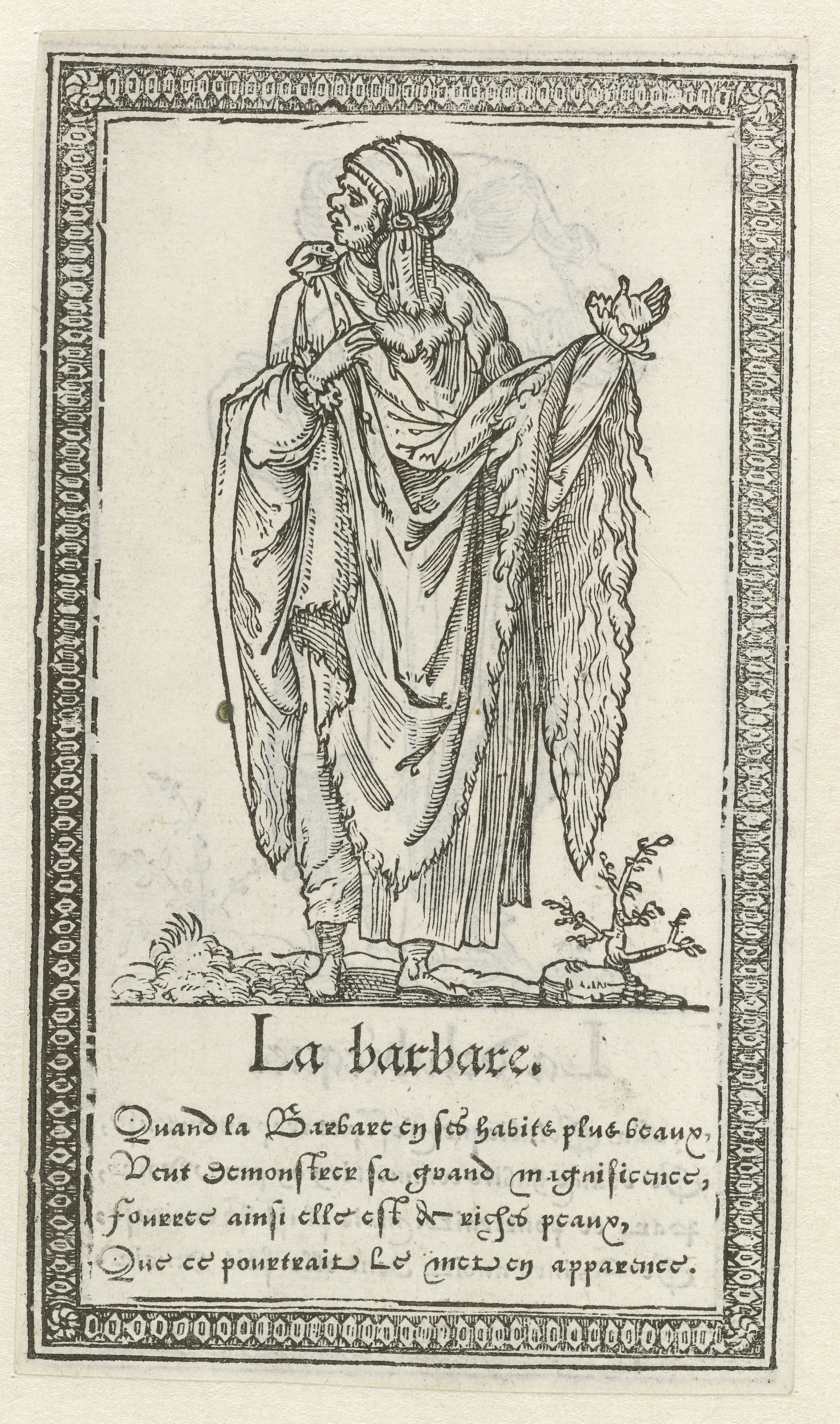 A black and white engraving of a woman in elaborate clothing holding a bird.