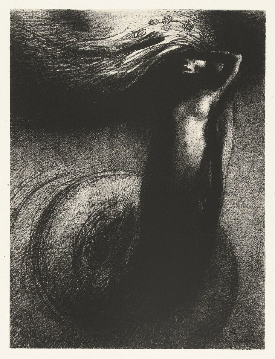A black and white drawing of a person with long, flowing hair and a floral headband.