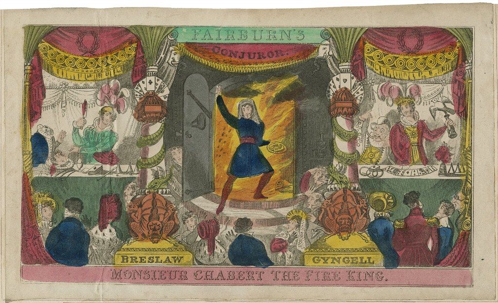 A vintage print titled "Monsieur Chabert the Fire King" depicting a theatrical performance with a performer conjuring fire on stage in front of an audience.