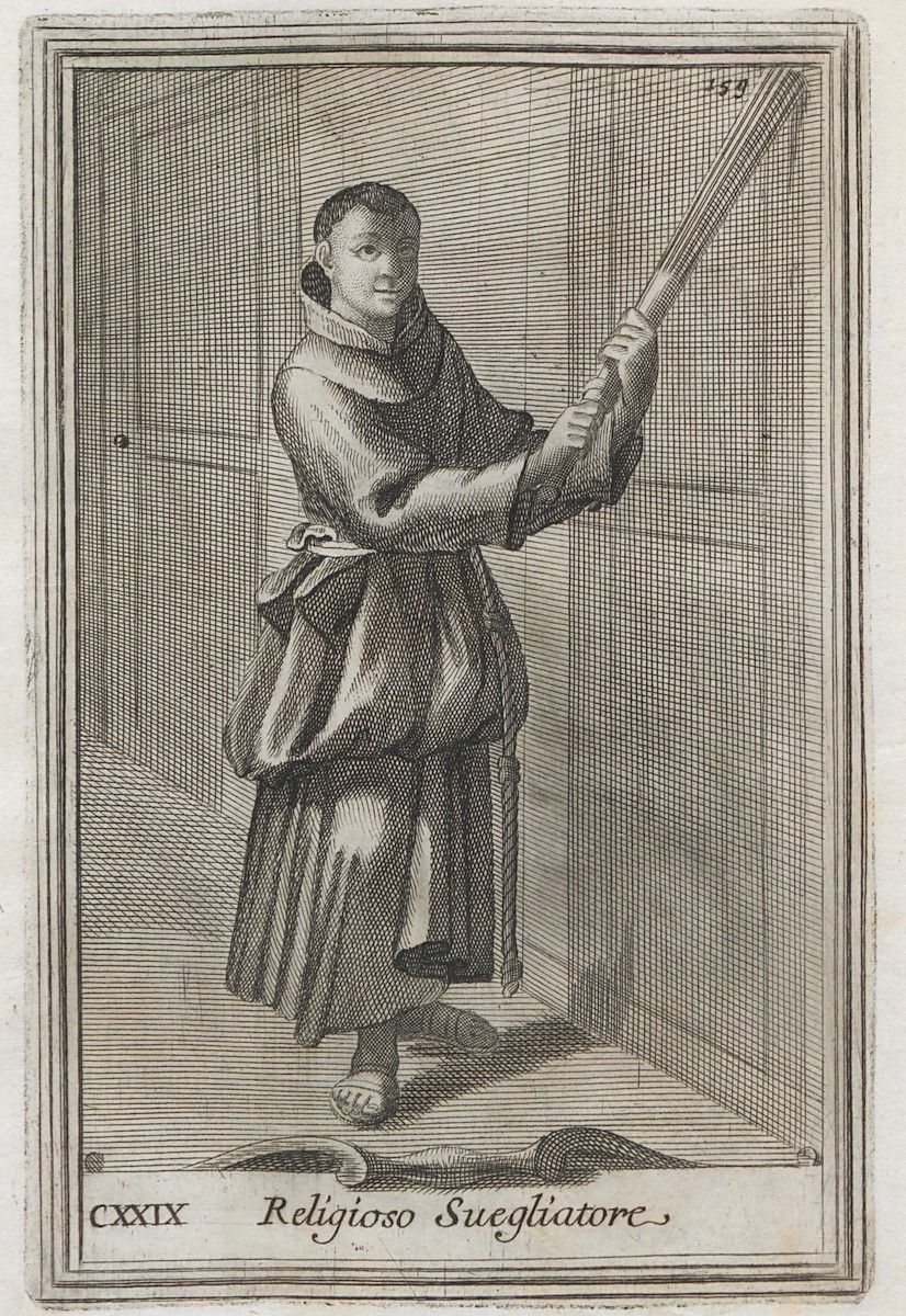 Engraving of a monk holding a long staff.