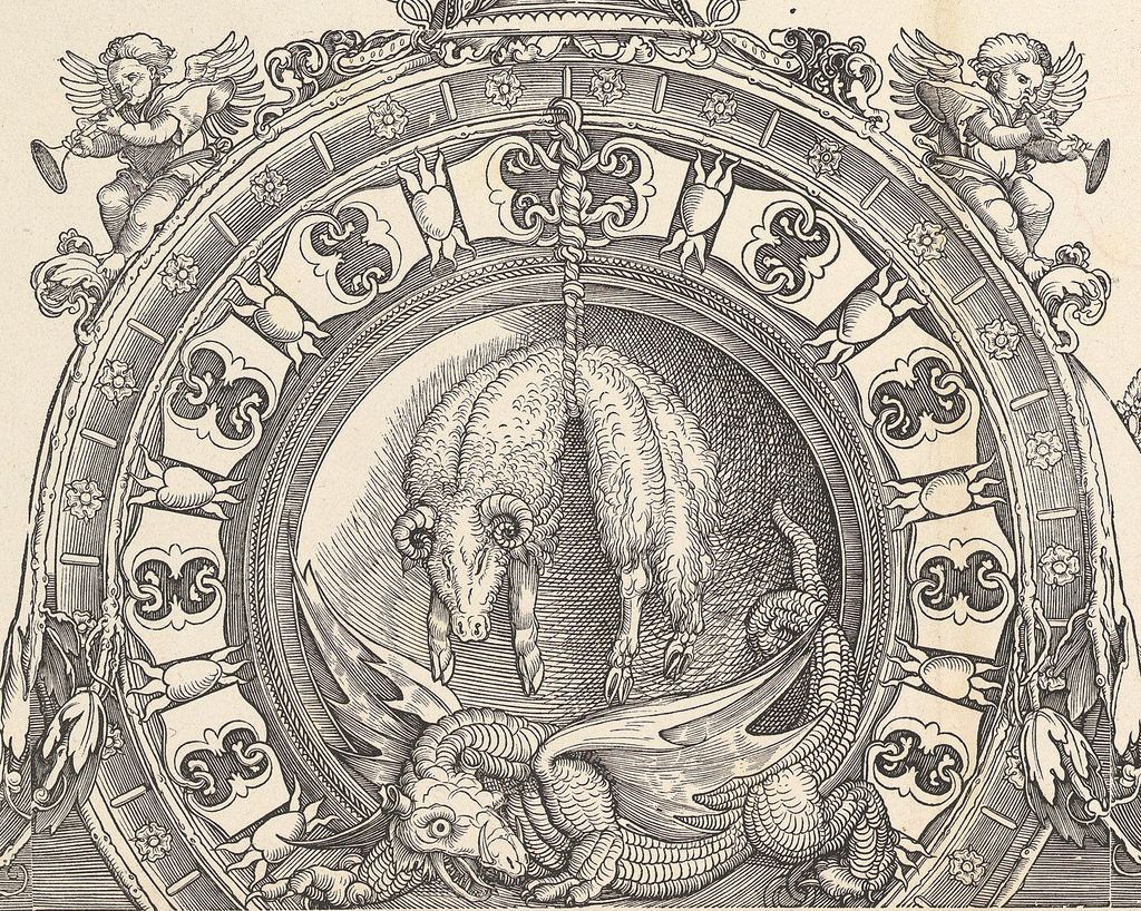 Detailed black and white engraving of a bull suspended above a dragon, within an ornate circular frame decorated with angels and floral patterns.