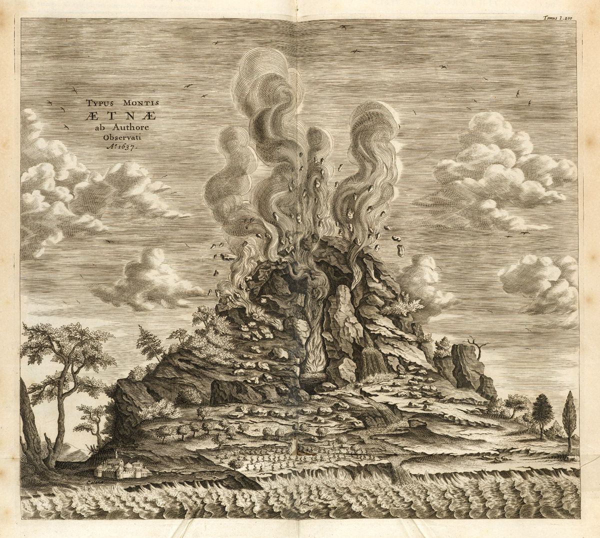 A detailed engraving of Mount Etna erupting in 1637, showing smoke and fire rising from the peak, with a rugged landscape in the foreground.