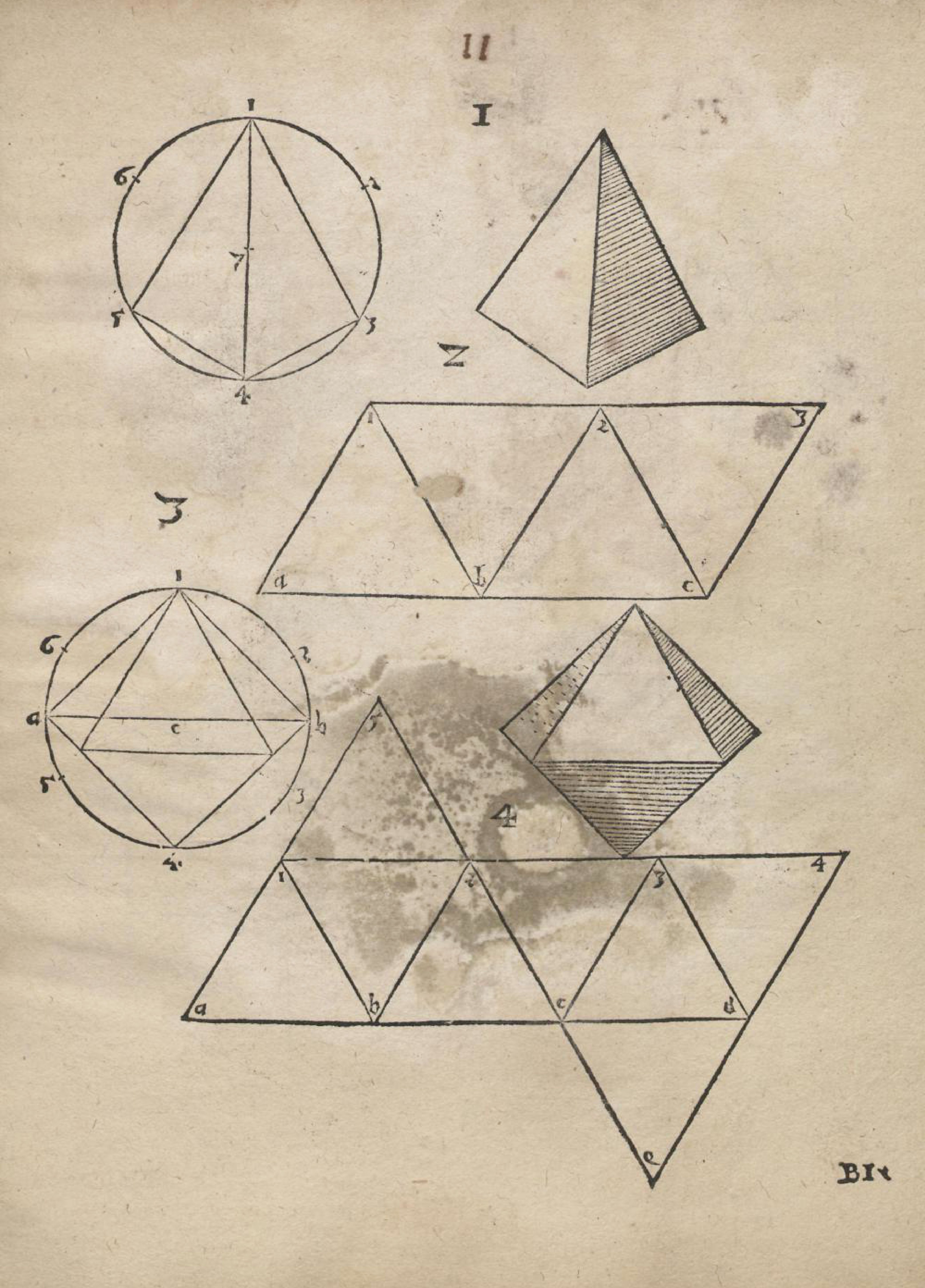 Vintage diagram of a six-pointed star with overlapping triangles and a circle, labeled with letters and numbers.