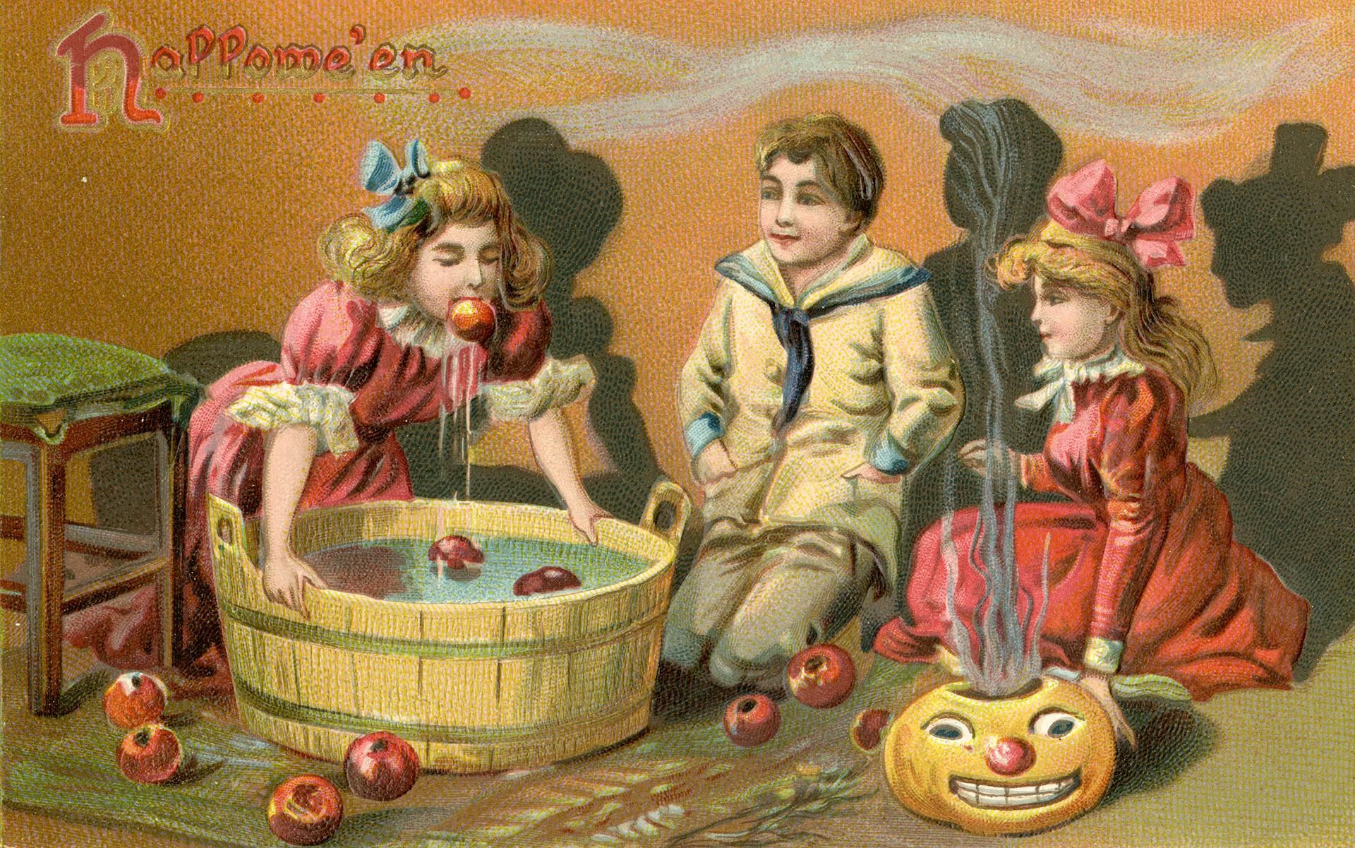 Vintage Halloween postcard illustration of children bobbing for apples.