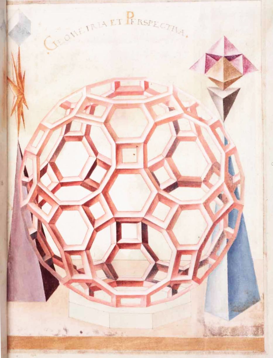 A page from a book or manuscript featuring a detailed geometric drawing of a faceted sphere or geodesic dome.
