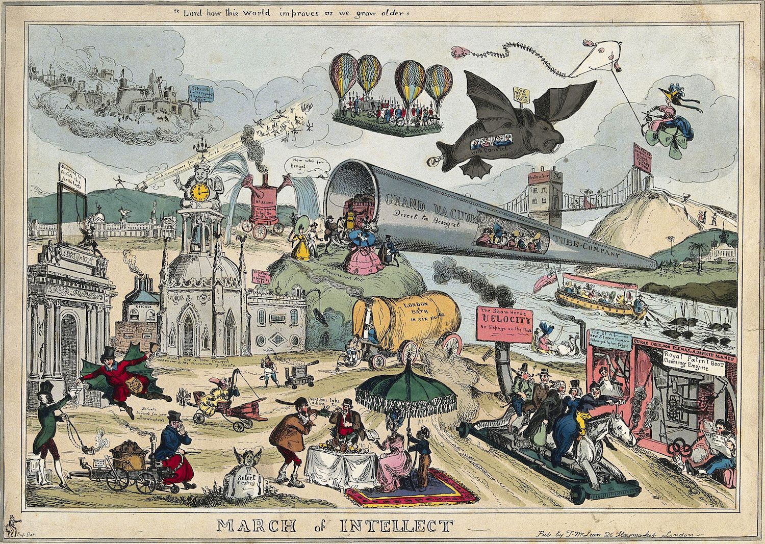 A colorful, detailed cartoon titled “March of Intellect.” It depicts a bustling, fantastical cityscape filled with innovative and often absurd inventions.