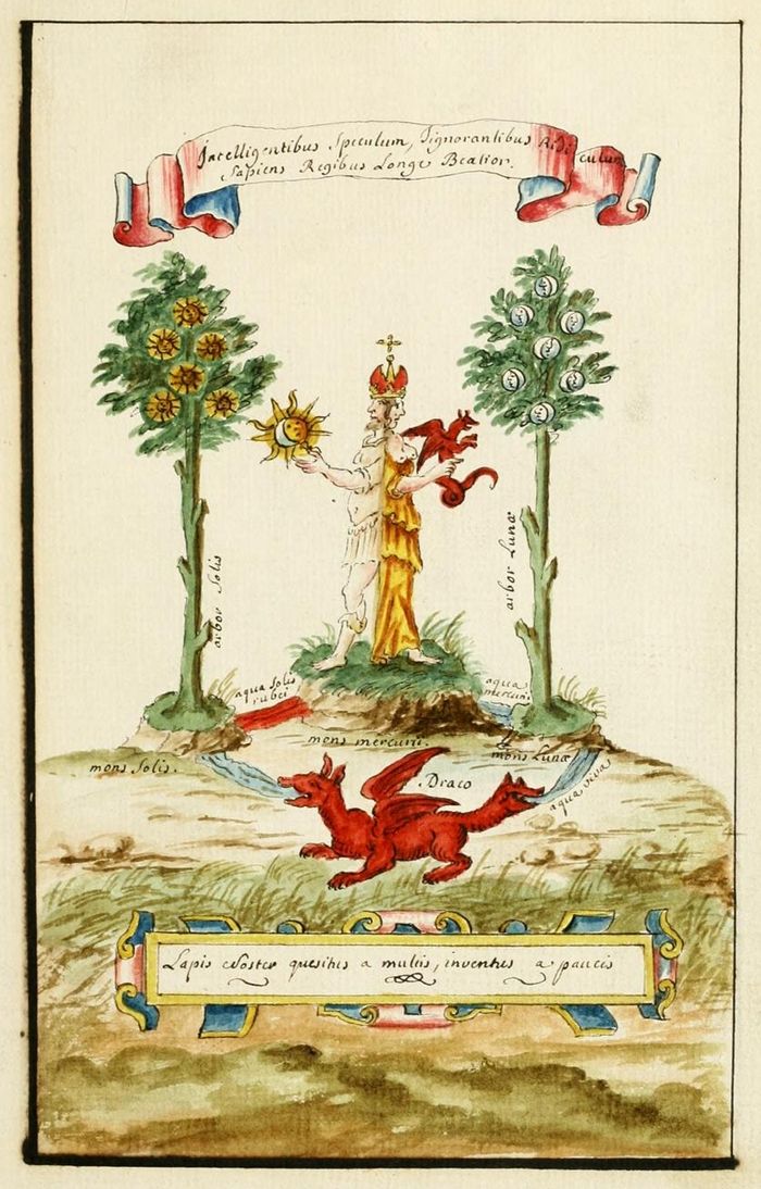 A colorful, antique illustration depicting a person holding a sun-like object above two red dragons on a green hill, surrounded by trees and labeled with Latin text.