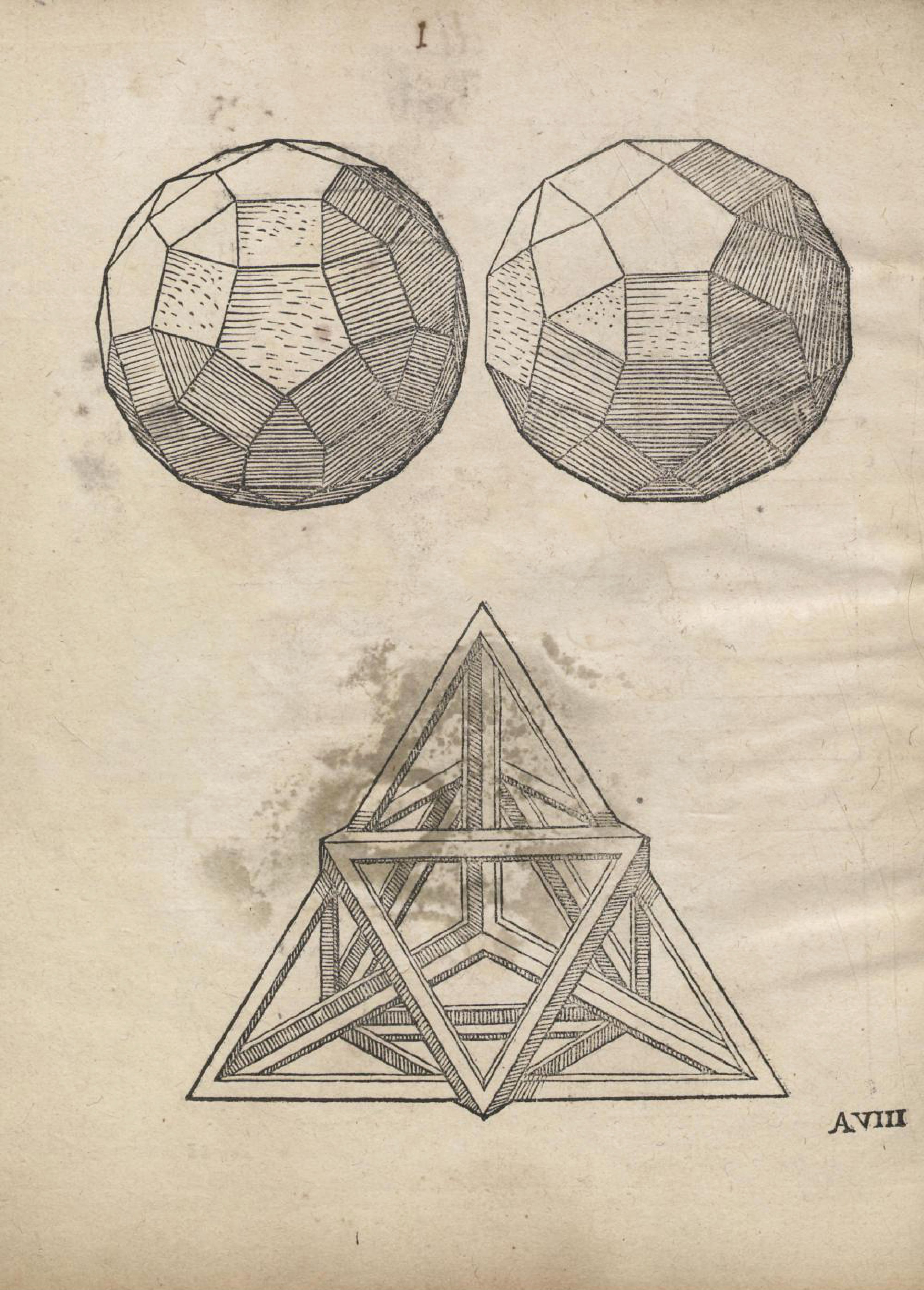 Vintage illustration of geometric shapes, including spheres and a complex triangular construction.