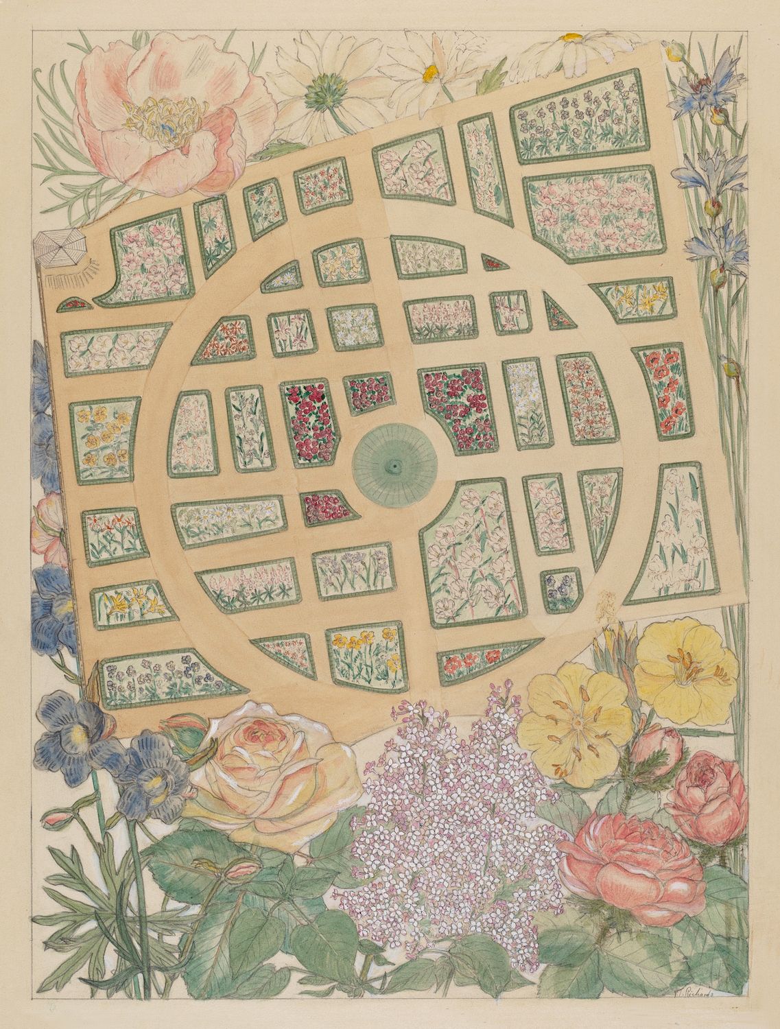 A detailed botanical illustration of a formal garden layout, presented as a flower arrangement. The garden is depicted as a series of interconnected rectangular and geometric shapes, each filled with a different type of flower and foliage.