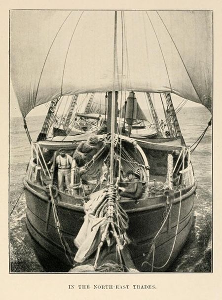 Vintage illustration of a ship sailing on the ocean with sails and rigging.
