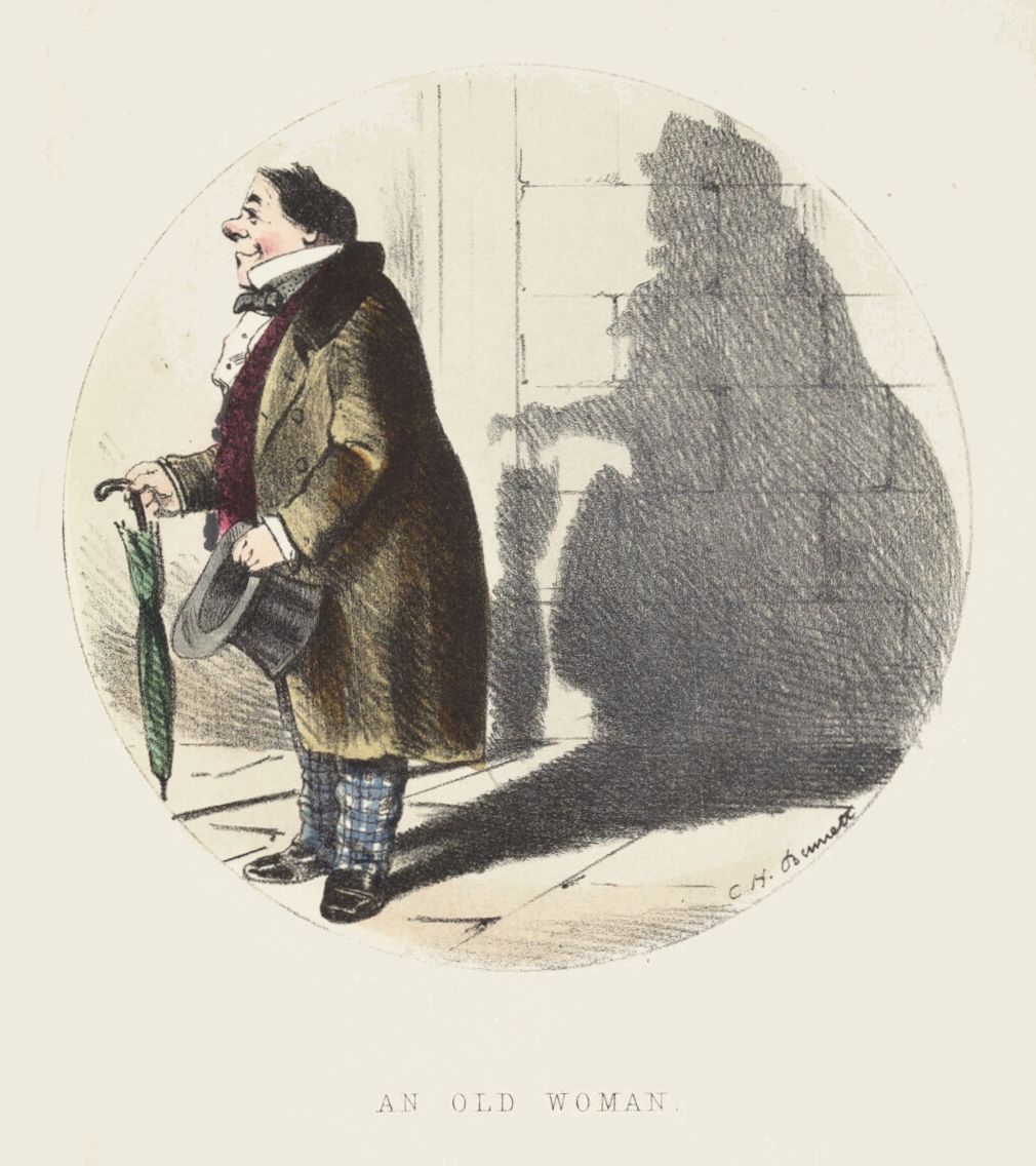 A vintage cartoon illustration titled 'An Old Woman' depicts a slender man in 19th-century attire standing next to a dramatically exaggerated shadow that appears as a very large, stout woman.