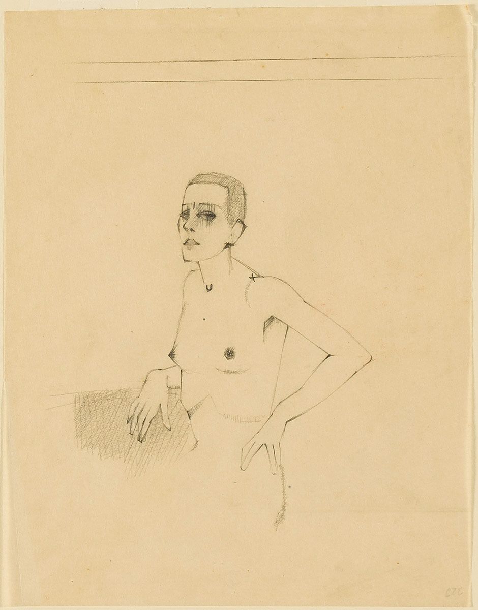 A black and white sketch of a slender person seated, with a melancholic expression and partially unclothed upper torso.