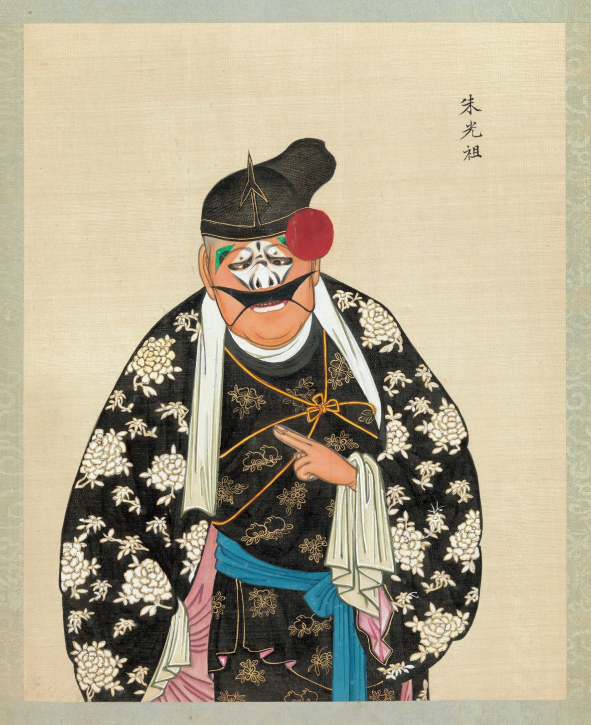 Vintage illustration of a man in traditional Chinese opera attire with elaborate face paint and floral patterned clothing.