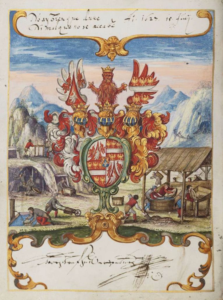 A detailed, colorful illustration of a coat of arms with a landscape scene below, framed by an ornate border.