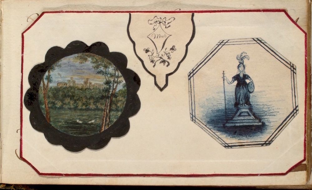 A vintage illustration with a landscape, a shield-like design with the letter 'M', and a figure in historical attire within a hexagonal frame.