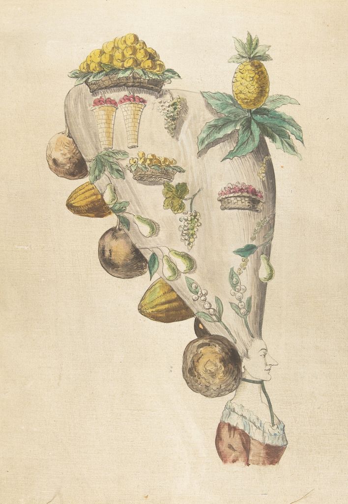 Watercolor illustration of a face constructed from fruits and baskets.