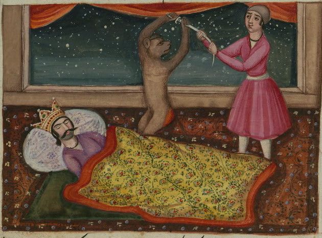 A painting of a man lying on a carpet with a bear and a person trying to remove something from the bear's mouth.