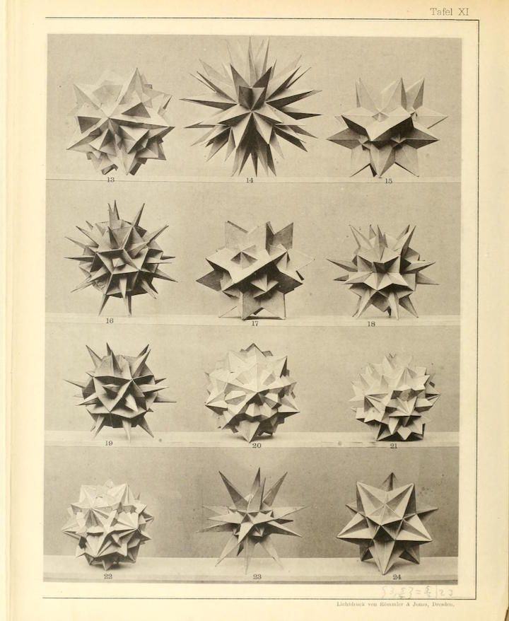 A plate from a scientific publication featuring 24 black and white illustrations of complex geometric shapes resembling stars or spiky polyhedra, numbered from 12 to 24.