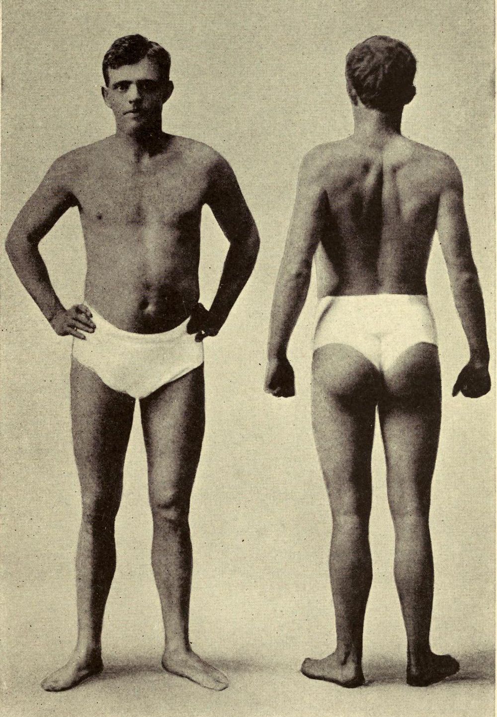 Vintage photograph of a young man in briefs, showing front and back views of his physique.
