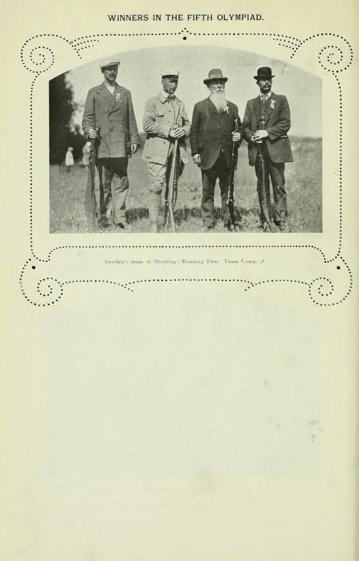Vintage black and white photograph of four men in formal attire holding rifles in a grassy field, representing the Swedish shooting team in the Fifth Olympiad.