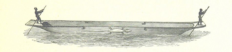 Vintage illustration of a long boat with two people and a pig on water.