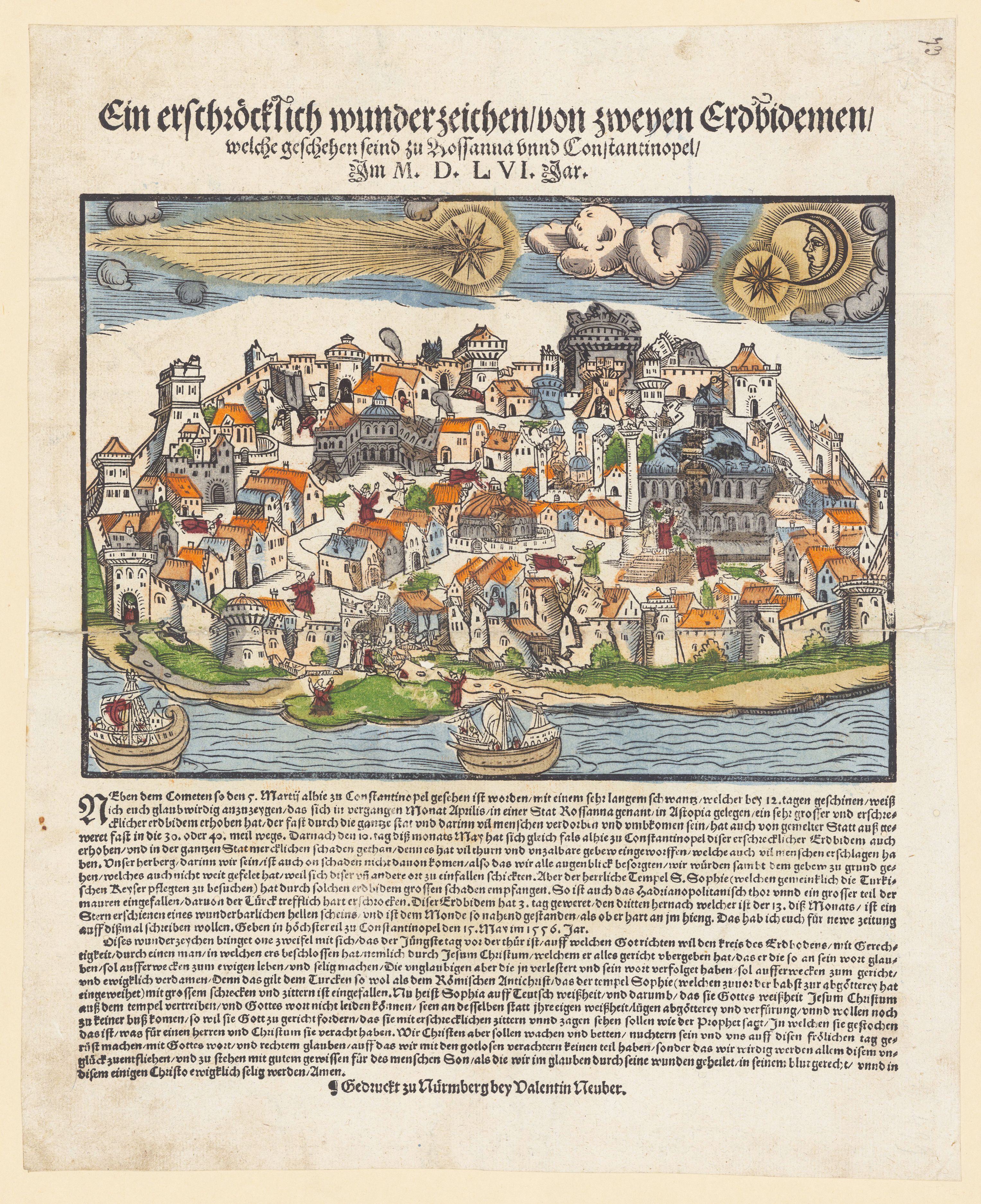 Antique illustration of a cityscape, likely Constantinople, with a bustling harbor and surrounding landscape. The image is rendered in a style reminiscent of early woodcuts or engravings, with fine lines and a limited color palette.