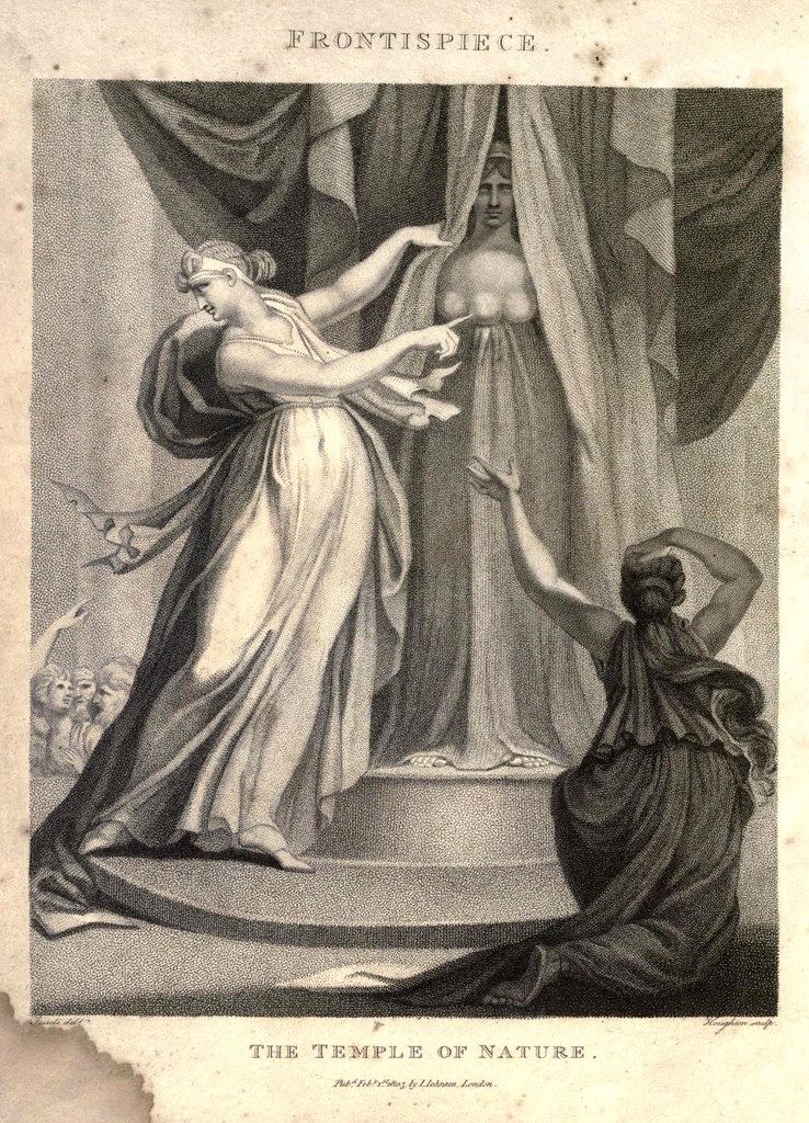 A black and white engraving titled "The Temple of Nature" depicting a woman presenting a document to a veiled statue within a classical temple, with a cloaked figure observing from the side.