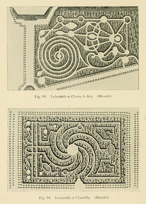 Two antique illustrations of labyrinths, labeled 'Labyrinth at Choisy-le-Roi' and 'Labyrinth at Chantilly'. Both are overhead views of intricate garden mazes with stippled shading.