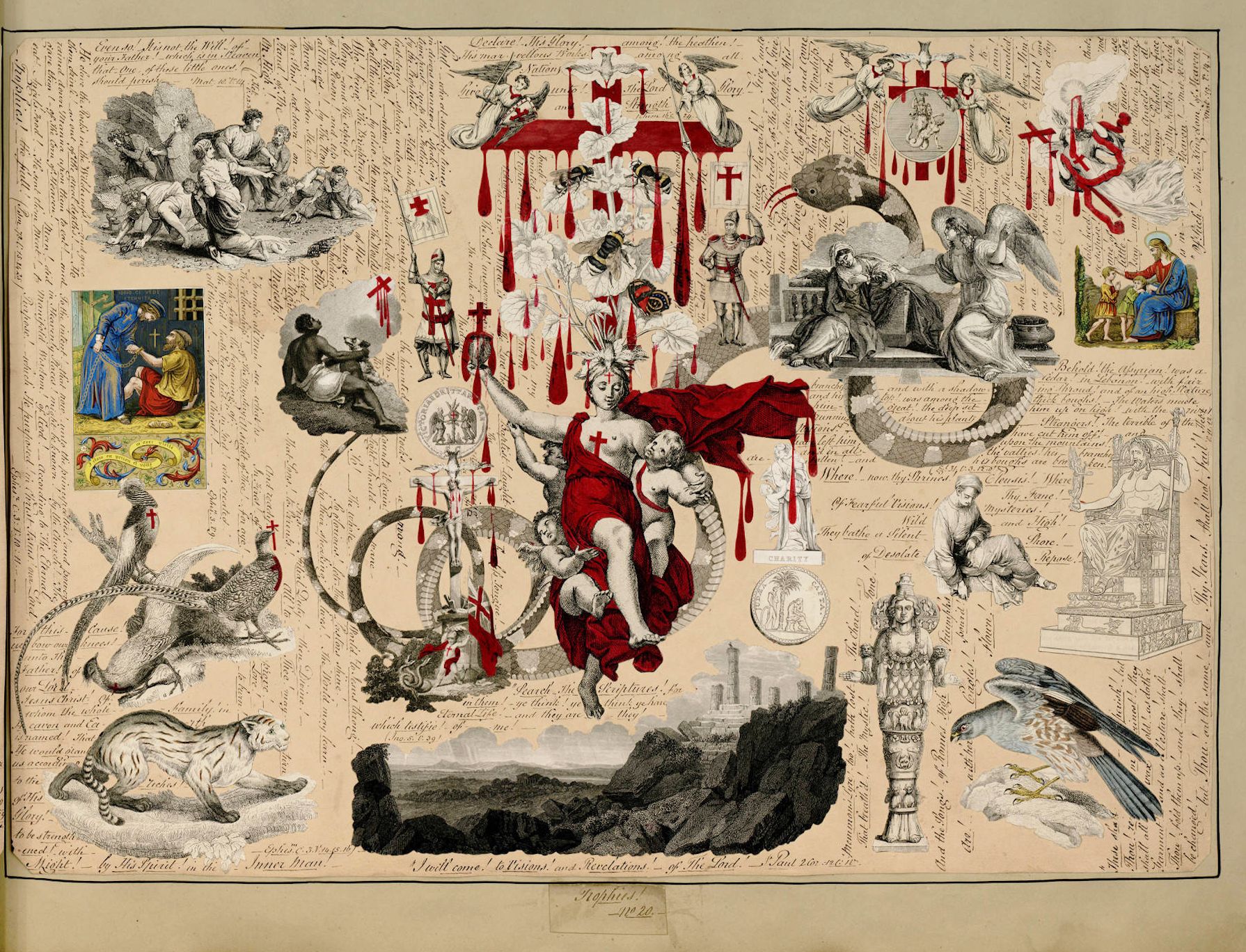 Antique engraving depicting a complex and dramatic religious scene with a muscular man, angelic beings, monstrous creatures, and symbolic elements.