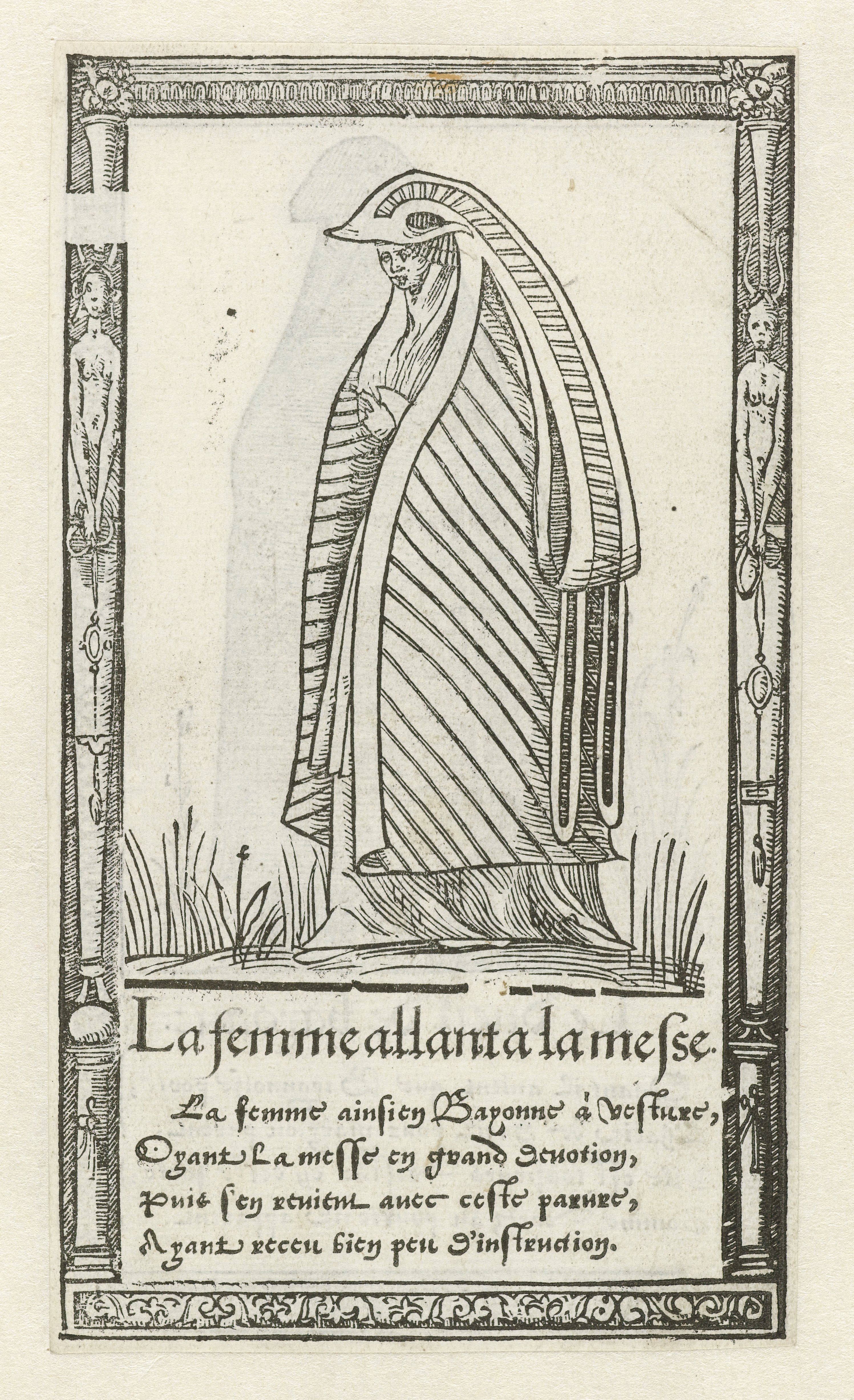 A black and white woodcut illustration of a woman standing next to a peacock, framed by an ornate border with text below.