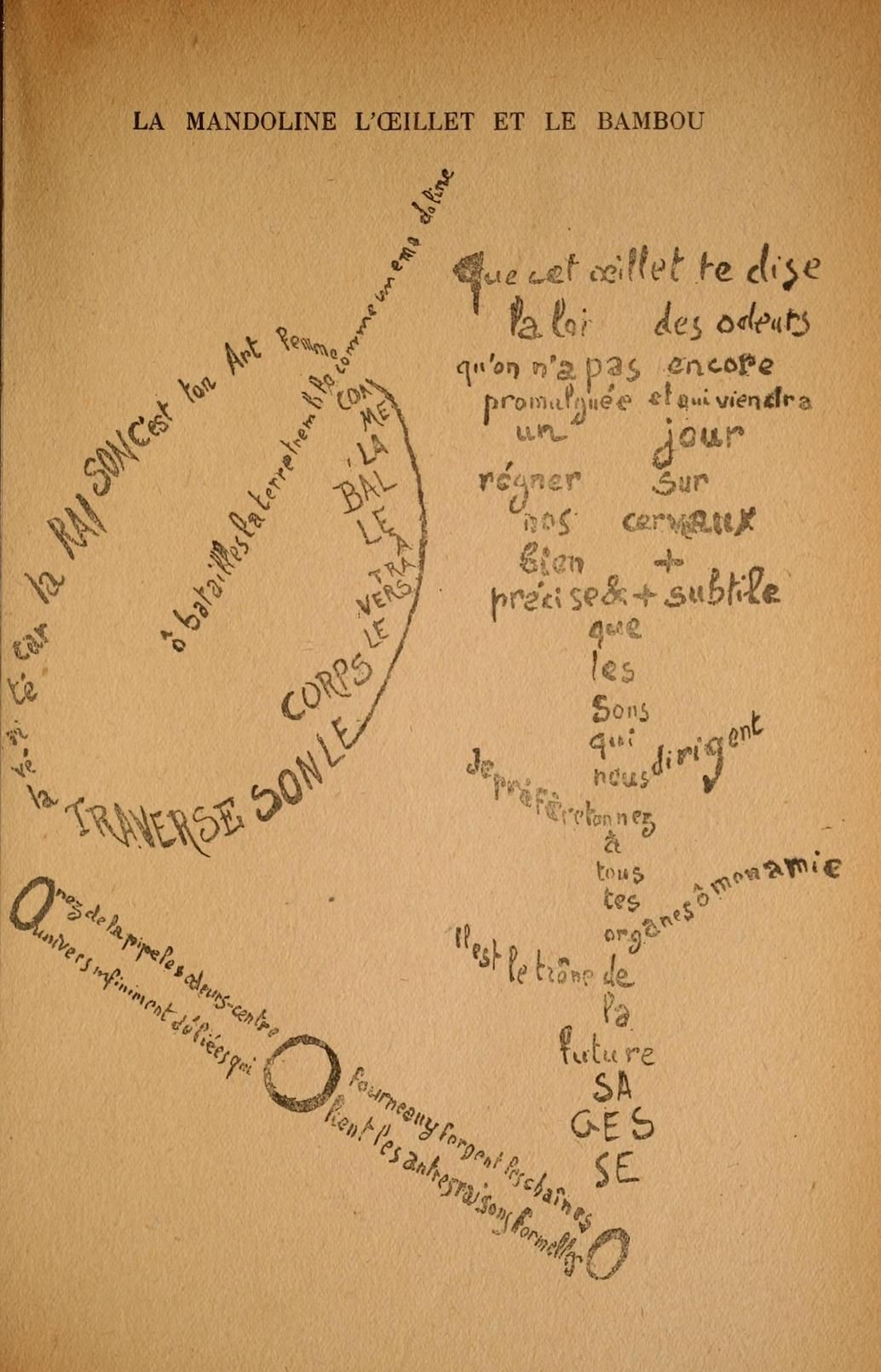 A page filled with handwritten text in French, arranged in a circular and flowing manner. The text is written in a cursive style with varying sizes and orientations, creating a dynamic and artistic composition. The background is a warm, aged brown color, resembling old paper.