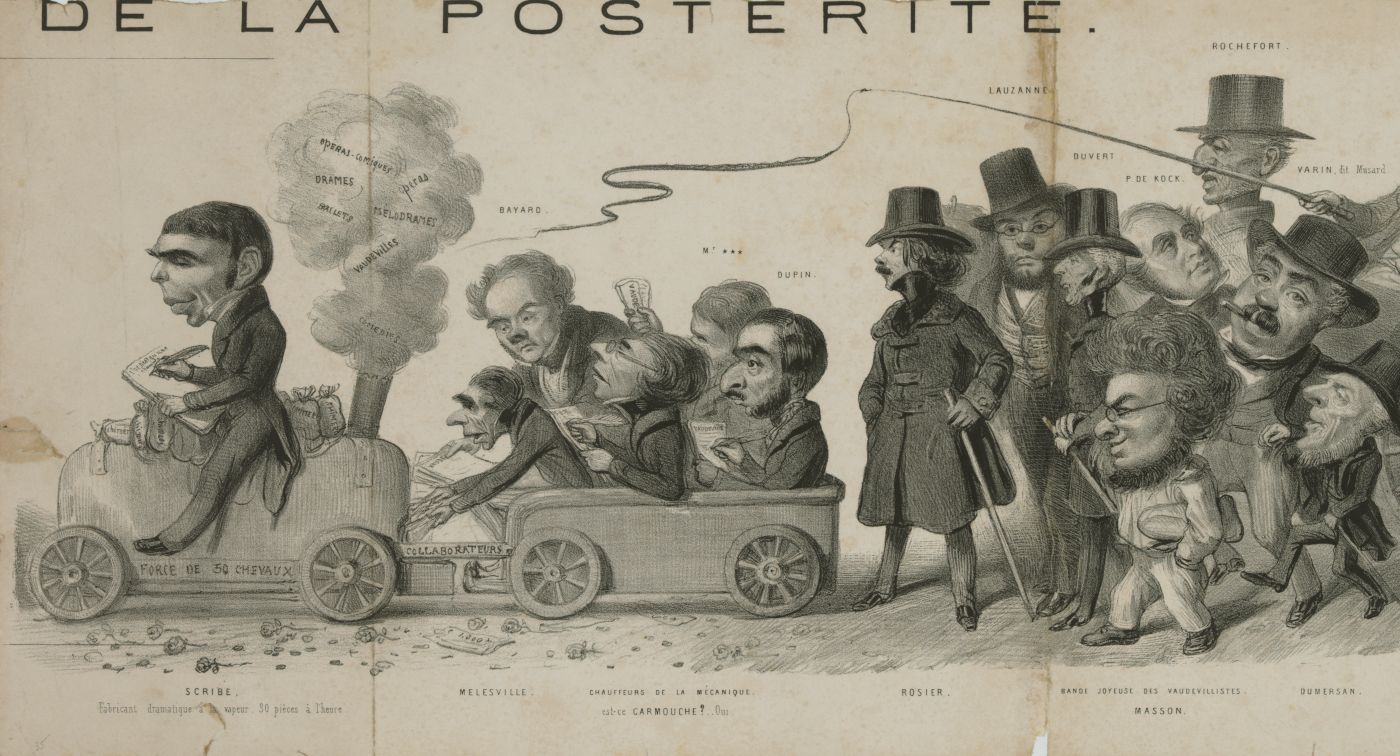 A black and white cartoon illustration depicting a line of men riding in or alongside a fantastical, steam-powered vehicle.