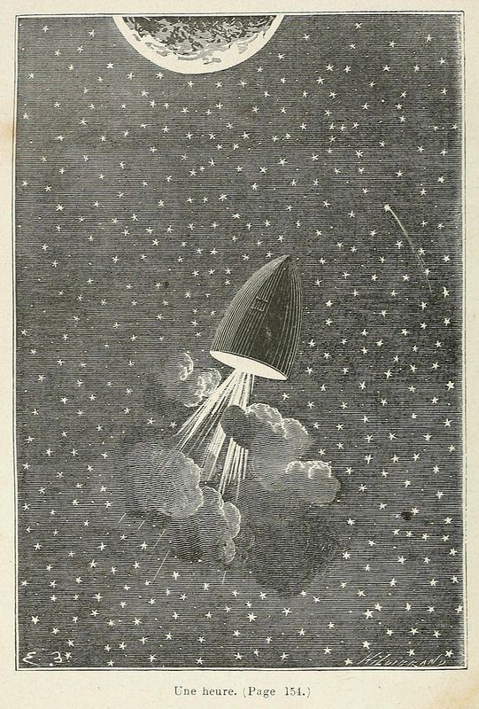 Vintage illustration of a rocket launching into space, surrounded by stars and a crescent moon.