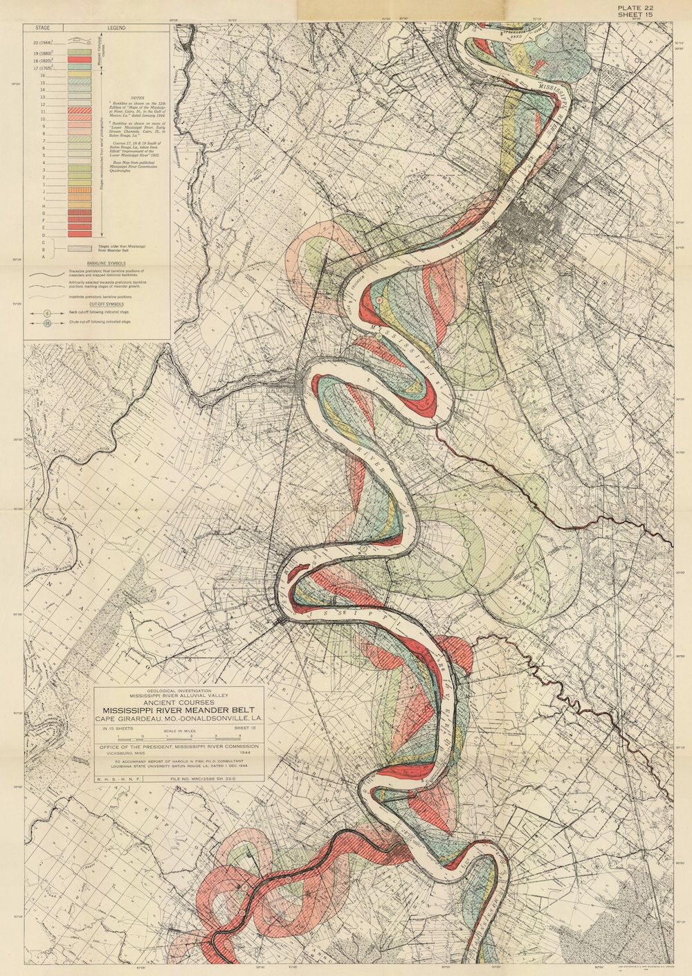 Vintage map of the Mississippi River meander belt, showing ancient courses and stages of the river with color-coded areas and detailed geographical features.