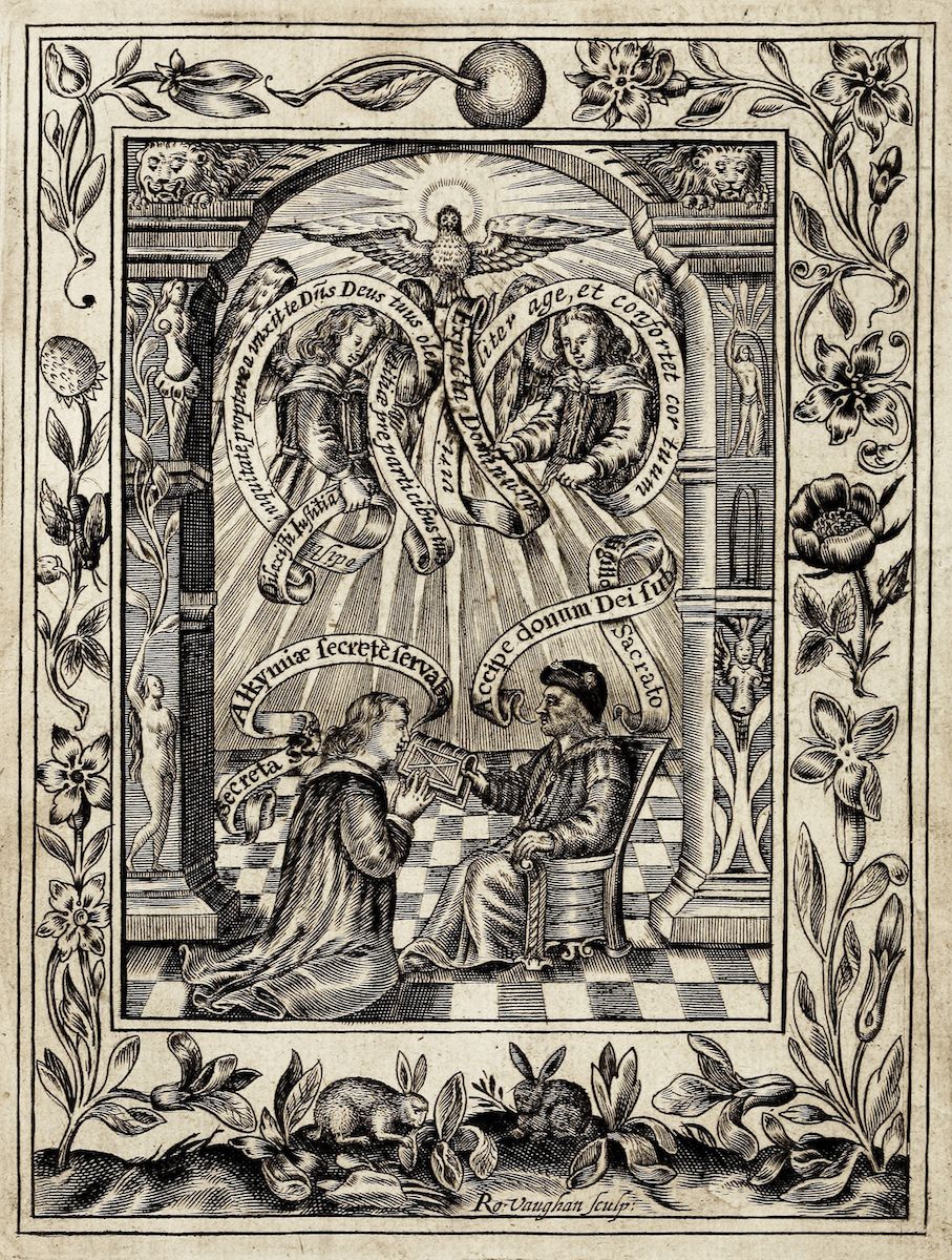 A detailed black and white engraving of a man and woman in an ornate frame.