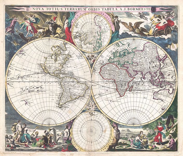 Antique world map from 1683, titled 'Nova Totius Terrarum Orbis Tabula, A.J. Borrmeester', with three circular projections of the world and allegorical scenes around the edges.