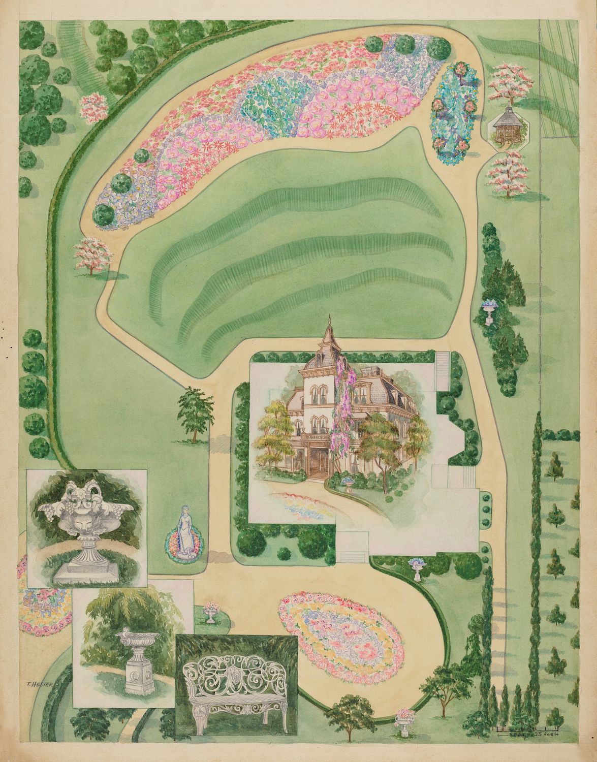 Aerial view of a grand estate with a meticulously designed garden, featuring a large house, flower beds, statues, and trees.
