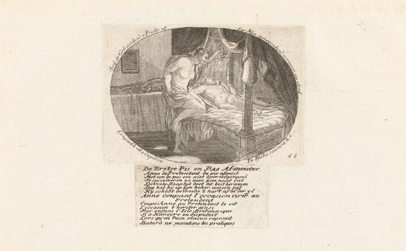 A black and white engraving depicting a woman in labor, assisted by a man, with a baby in the bed. A table and chair are nearby, and text is below the image.