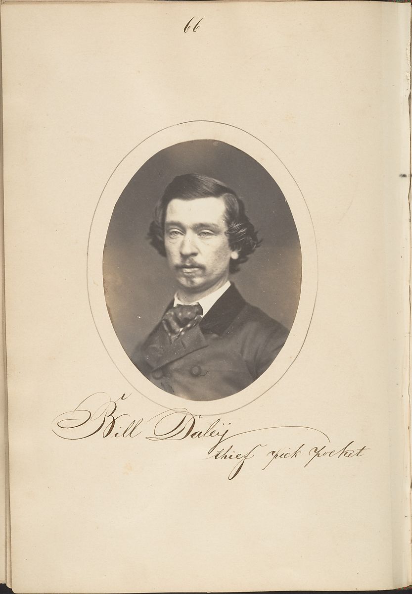 Vintage albumen print portrait of Bill Daley, identified as a "Chief Pick Pocket", mounted on a page in an album.